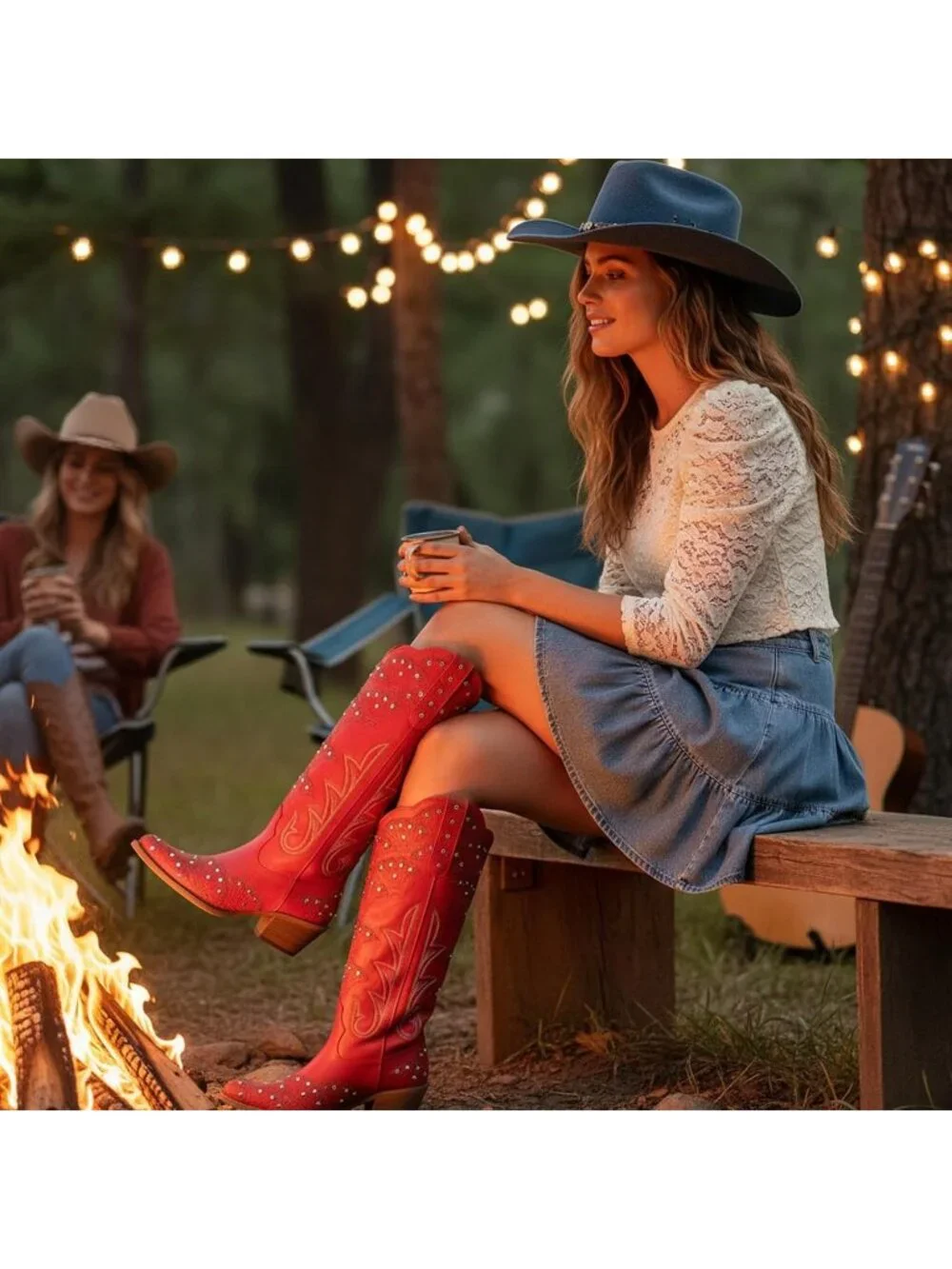 Women's Red Durable 3D Rhinestone Knee High Sparkly Embroidery Western Boots